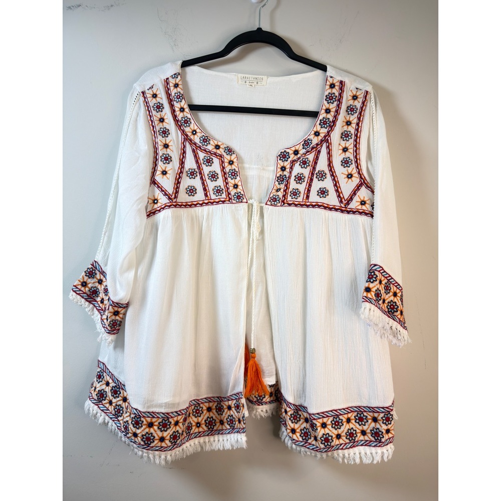 Laraethnics Kimono Top White Embroidered Fringe Tassel Boho Women L/XL